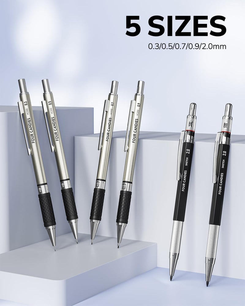 Four Candies 27PCS Art Mechanical Pencil Set with Case, 4PCS Metal Drawing Pencil 0.3, 0.5, 0.7, 0.9 mm & 2PCS 2mm Lead Holder (HB 2H 2B 4B Color) with 552 Graphite Lead Refills for Drawing Sketching - Image 3